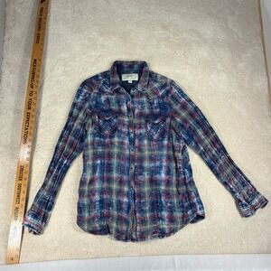 Ryan Michael Womens Indigo Plaid Western Shirt Acid Wash Cotton R1705FH Large